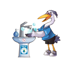 Cartoon of a bird washing hands
